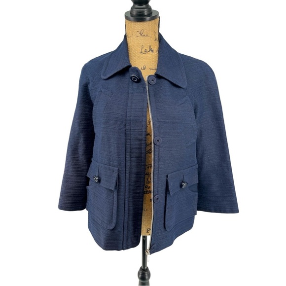 Tory Burch Navy Cotton Linen Blend Full Zip
Jacket Blazer Textured Snap Button - Picture 1 of 15
